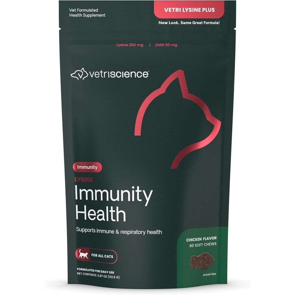 VetriScience Lysine Immunity Health Chews, 250 mg Lysine Plus Supplément immunitaire pour chats et chatons avec allergies, éternuement, nez runny et yeux aqueux, poulet, 90 Compte