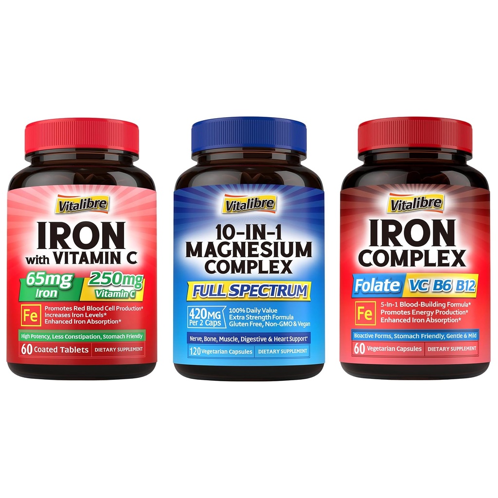 10 en 1 Complexe de magnésium et supplément de fer, 65mg de fer carbonyle avec 250mg de vitamine C et 5 en 1 Complexe de fer
