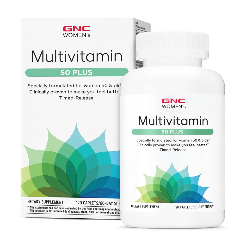 GNC Women’s 50 Plus Multivitamin Caplets, clinicamente dimostrato di sentirsi meglio, vitamina D-3, immunitario, ossa forti, memoria, nitidezza mentale, visione, biotina, Timed Release, 120 ct, 60 svgs