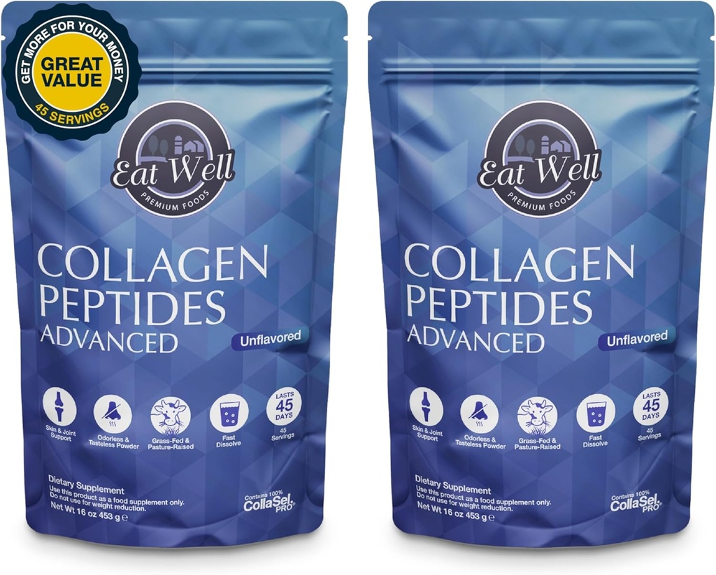 EAT WELL PREMIUM ALIMENTI Collagen Peptides polvere Protein 45 Servings, 16oz, collagene per la pelle, Bone e Joint Support, Tipo I & III Grass Fed Collagen (45 Serve (Pack of 2), Non aromatizzato)