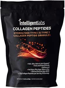 Labs intelligenti idrolizzati tipo 1 e 3 granule di peptide di collagene, polvere di collagene non aromatizzata, Keto e Paleo-Friendly, Terzi Verified For Purity, 11g per Serving, 30 Serve un sacchetto