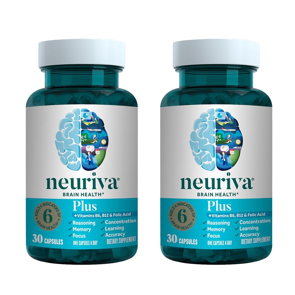 NEURIVA Plus Brain Supplement für Speicher, Fokus & Konzentration + Kognitive Funktion mit klinisch getesteten Nootropics Phosphatidylserin und Neurofactor, VIT B6 & B12, 30 Count Capsules (2 Pack)