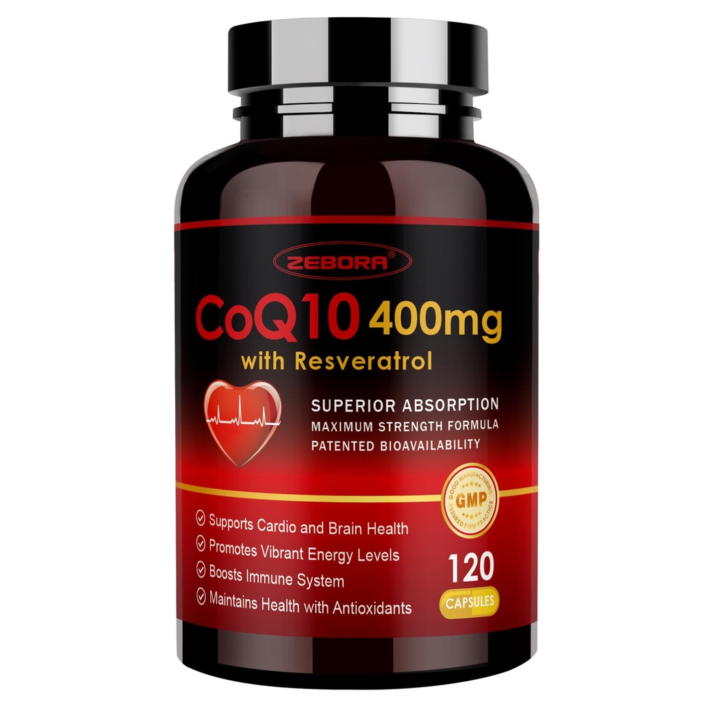 ZEBORA CoQ10-400mg mit Trans-Resveratrol, PQQ & Vitamin E - Hohe Absorption Coenzym-Q10 mit BioPerine - Leistungsstarkes Antioxidans für Herz- und Energieerzeugung,120 Veggie Kapseln