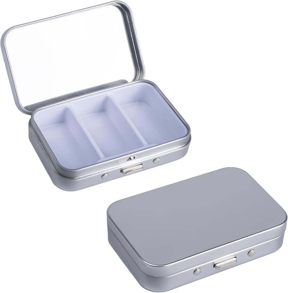 2Pack Pille Box 3 Compartment Pille Case,Portable Metall Reise Pille Box mit Spiegel für Medizin, Vitamine,Fish Oil und Ergänzungen,Portable Pille Box für Tasche oder Geldbeutel (Silber)