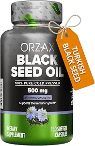 ORZAX Black Seed Oil Pressato 100% Pure | Non-GMO – Ricco di Omega 3 6 9 & Thymoquinone | Nero Cumin Nigella Sativa olio per il supporto immunitario, capelli, pelle, viso (150 capsule Softgel)