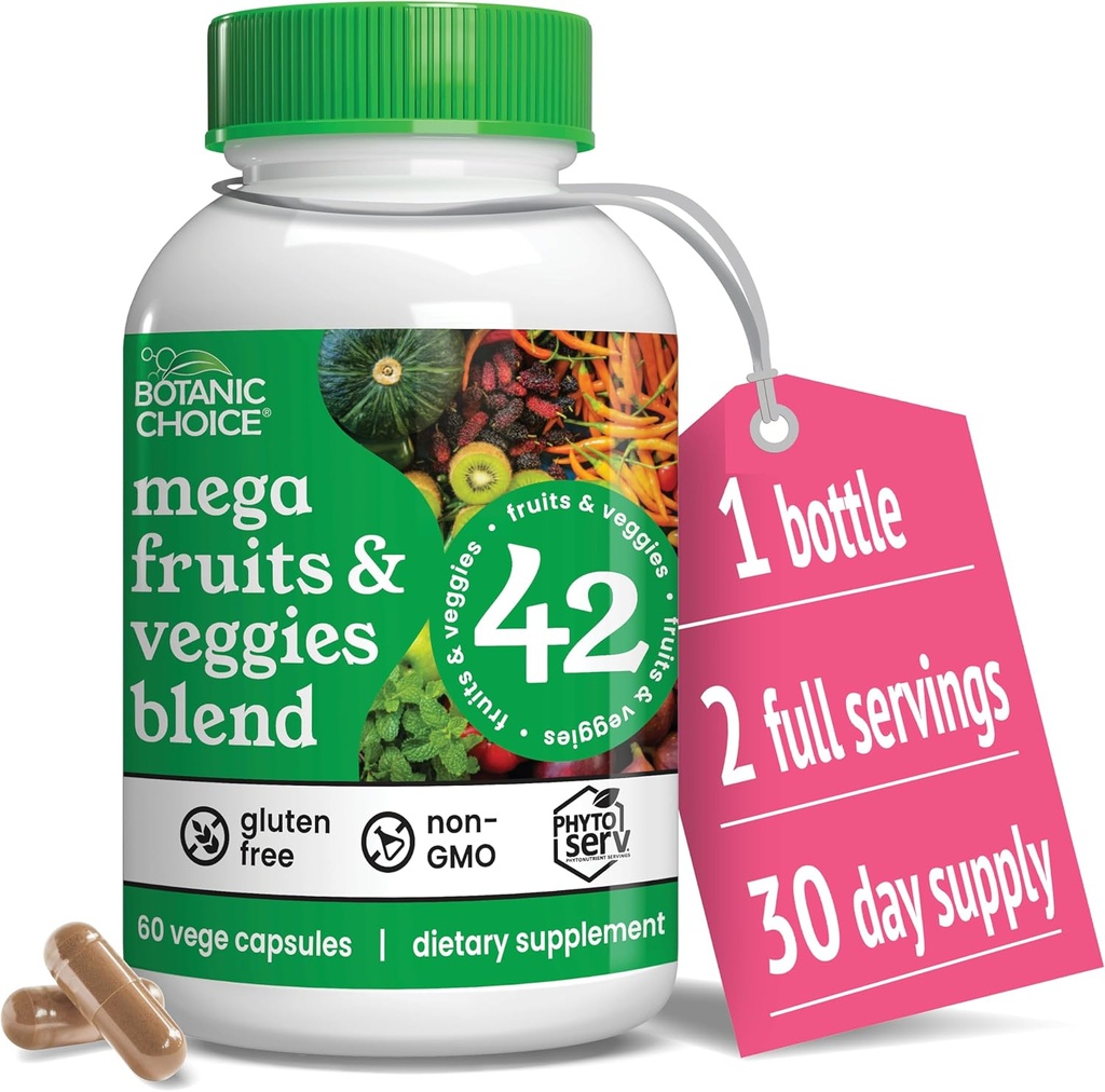 Botanic Choice Mega Fruits and Veggies Blend - 42 Fruit & Vegetale Superfood Capsules - Elderberry, Chlorella, Kale - Integratori - 60 Capsule