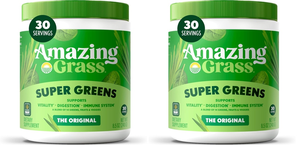 Bundle of Amazing Grass Greens Superfood Powder: Greens Powder with Digestive Enzymes & Probiotics, Organic Spirulina, Chlorella e Beet Root Powder, Original, 30 Servings (60 Total Servings)