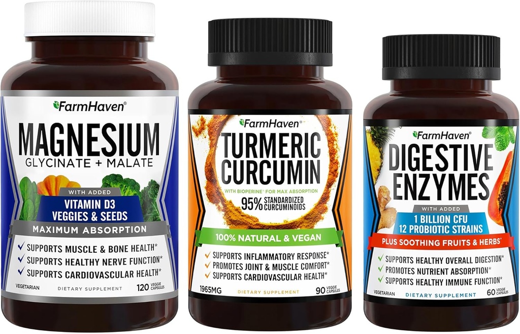 FarmHaven Magnesium Glycinate & Malate Complex w/Vitamin D3 & Turmeric Curcumin mit BioPerine Black Pepper & Digestive Enzyme mit 18 Probiotics & Kräuter