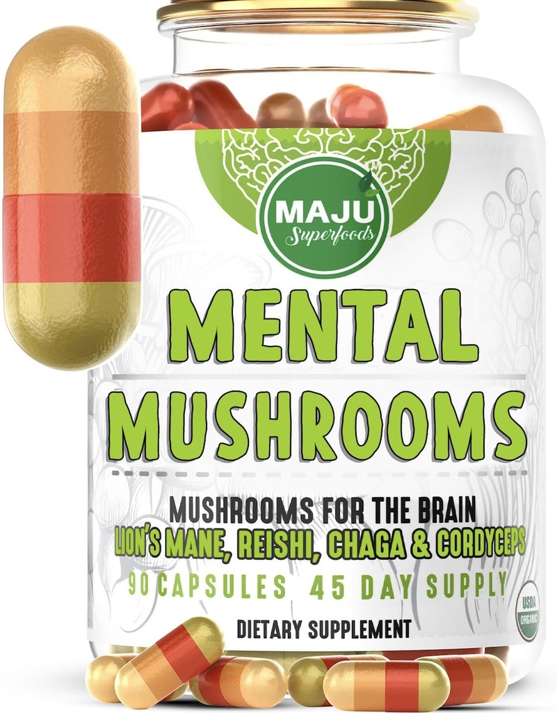 MENTAL Mushroom Capsules, Organic Extract Supplement w/ Lion's Mane, Cordyceps, Reishi und Chaga, Steigern Sie Ihren Fokus, Energie, Wellness und Immunsystem - Nootropic Pilze, Immununterstützung 90