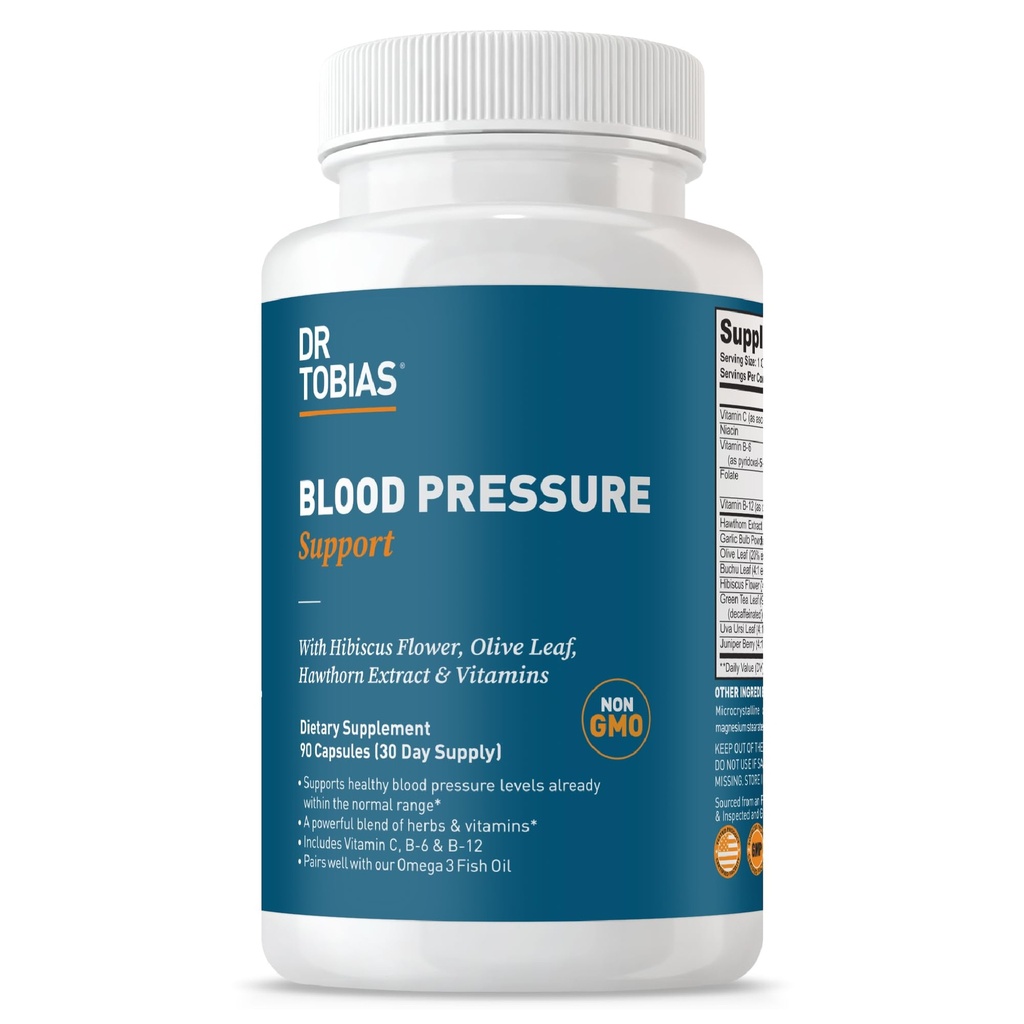 Dr Tobias Supplément de soutien à la pression artérielle avec Hawthorn, Hibiscus Flower, Olive Leaf & Ail, soutient la santé circulatoire normale avec les vitamines C, B6, B12, Niacine, Folate & Herbes, 90 Capsules