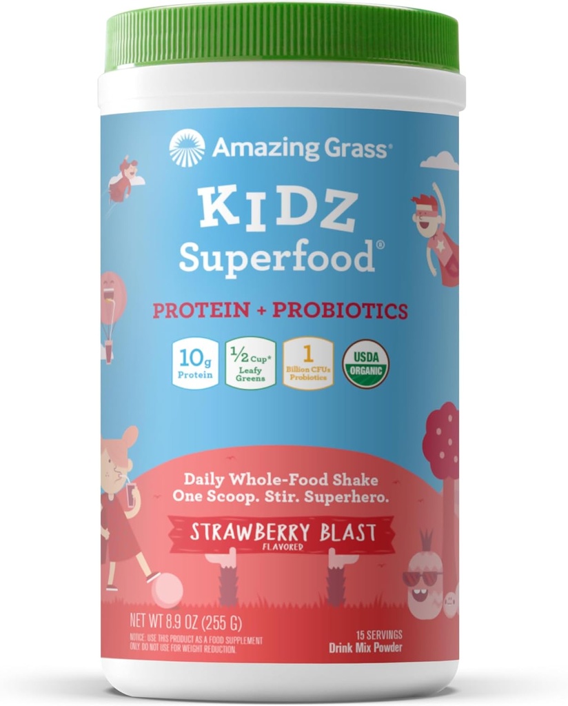 Stupefacente erba Kidz Superfood: Vegan Protein & Probiotics per i bambini con barbabietola Root Powder & 1/2 Cup of Leafy Greens, Strawberry Blast, 15 Servings