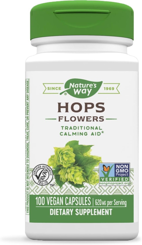 Natura Hops Way Fiori - Tradizionale Calming Aid* - 620 mg Hops Fiori per 2 capsule porzione - Supplemento erbe - Vegan, Gluten Free & Dairy Free - 100 capsule