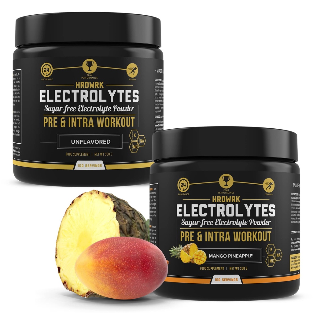 HRDWRK - 100 portions Kéto Electrolytes Poudre d'hydratation sans sucre - Poudre d'électrolyte pour stimuler l'endurance et réduire la fatigue avec supplément d'électrolytes - Ensemble d'ananas non aromatisés et mangues