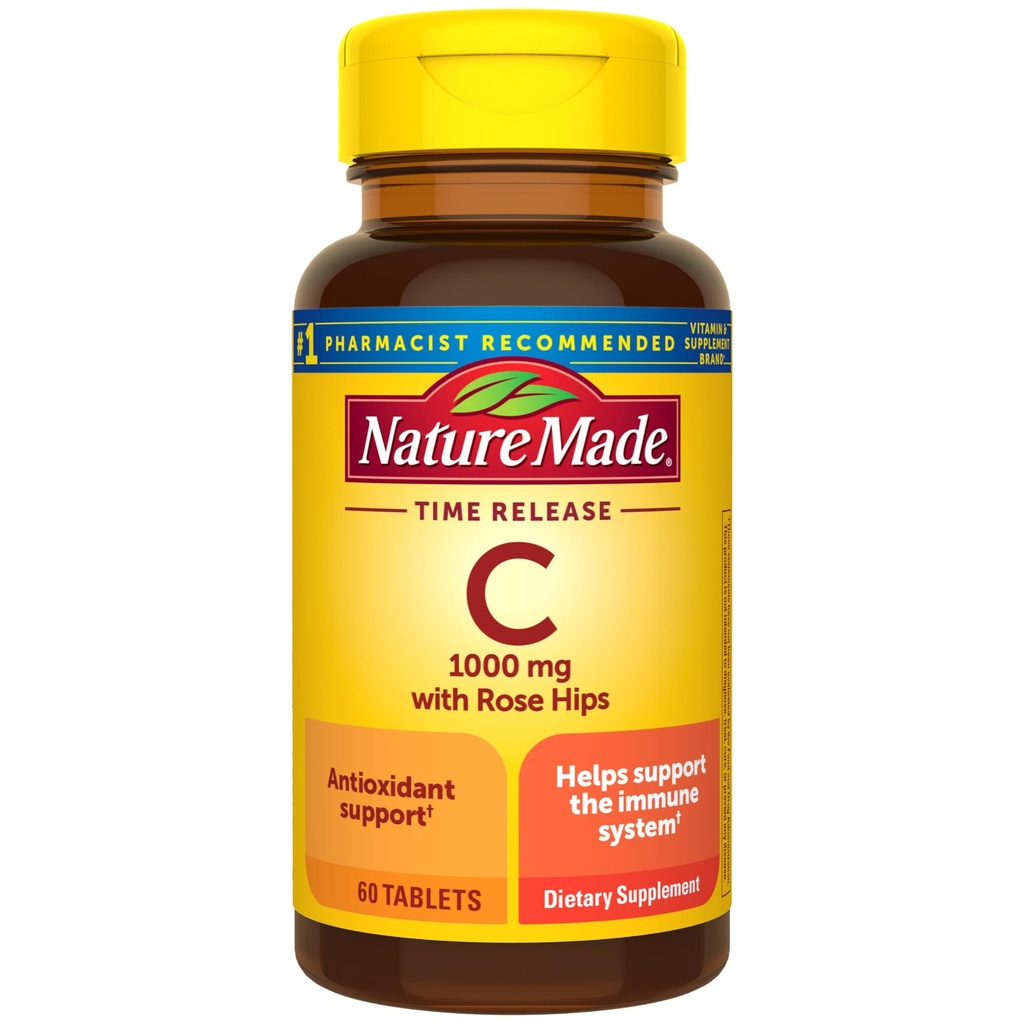 Nature Made Vitamin C 1000 mg mit Rose Hips, Nahrungsergänzung für Immununterstützung, 60 Time Release Tablets, 60 Tage Versorgung