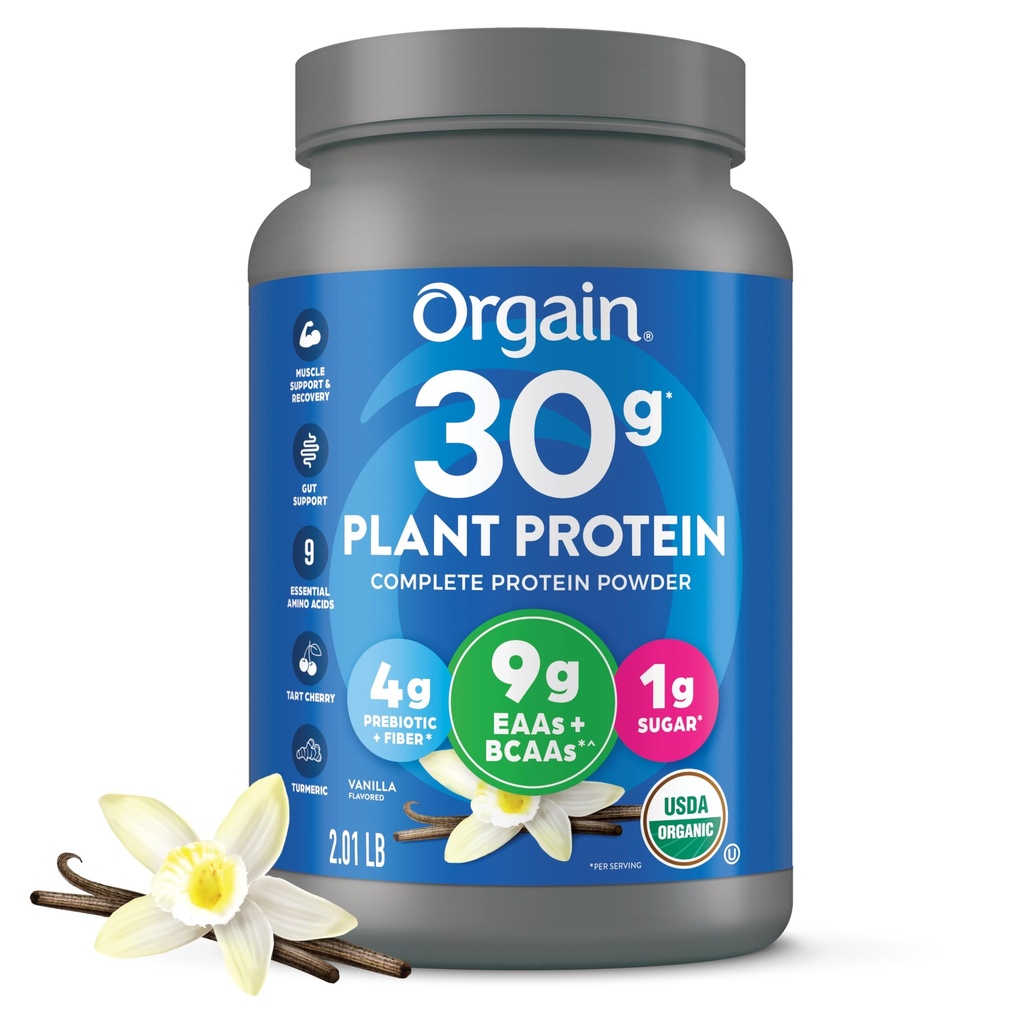 Orgain Organic 30g Vegan Plant Protein Powder, Vanille, 9g EAAs + BCAAs, High Plant Protein, 4g Prebiotic + Fiber, 1g Zucker, Pre-Workout, Muskelunterstützung + Erholung - 2.01lb (Packaging May Vary)
