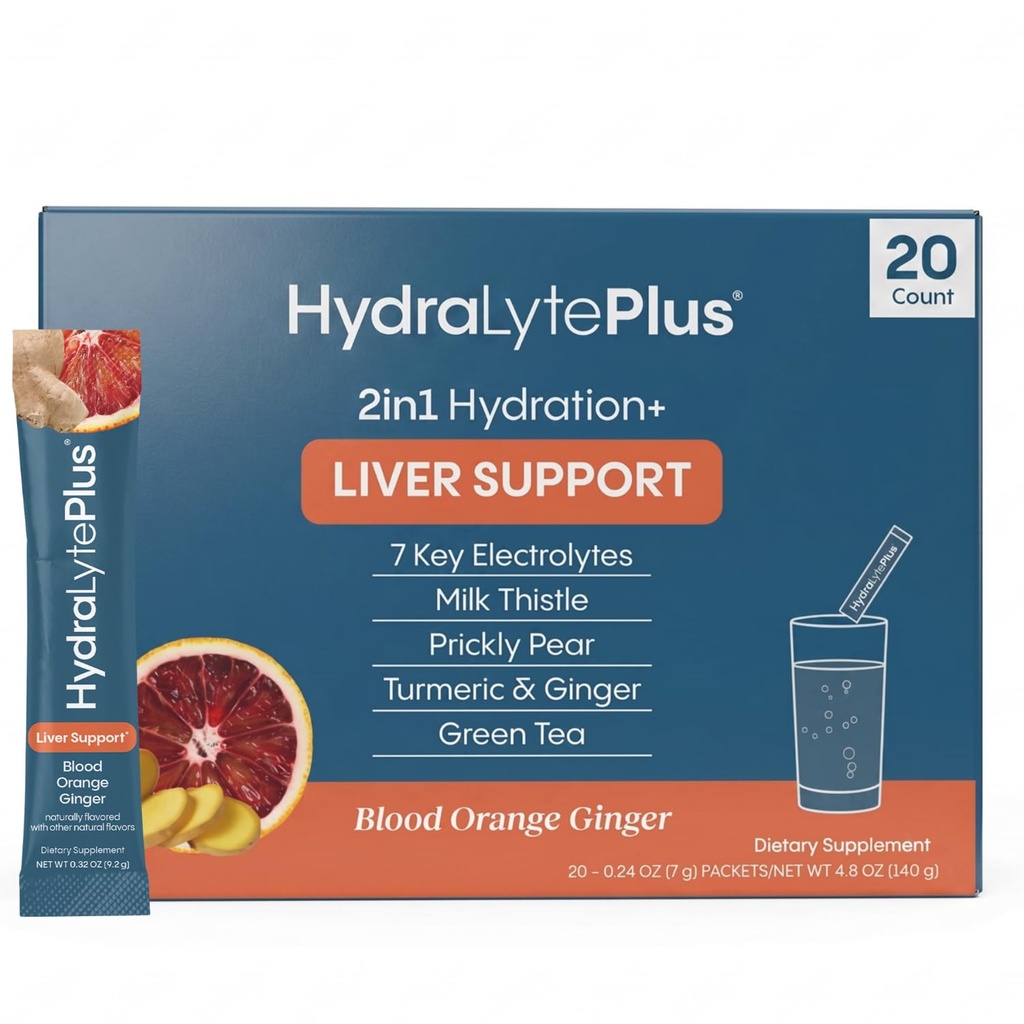 Hydralyte Liver-Unterstützung + Elektrolyt-Mischung mit Milchdistel, Turmeric, Ginger, Prickly Pear, Grüner Tee-Extrakt für schnelle Rehydrierung (Blood Orange Ginger, 20 Packungen)