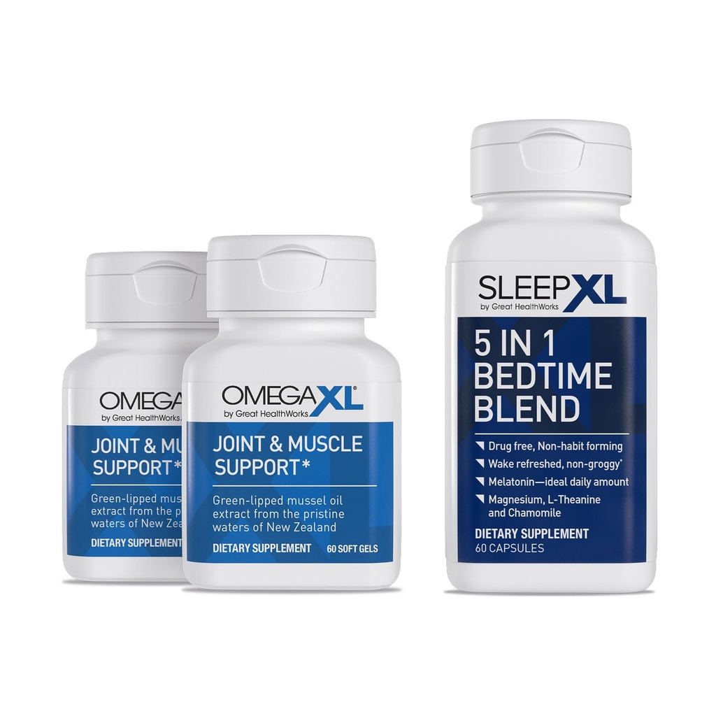 OmegaXL Joint Relief Supplement - Supporto muscolare naturale, 60 Softgels (2 Pack) & SleepXL melatonina immediata, L-teanina (Calming), camomilla, magnesio e B6 (60 capsule vegane)