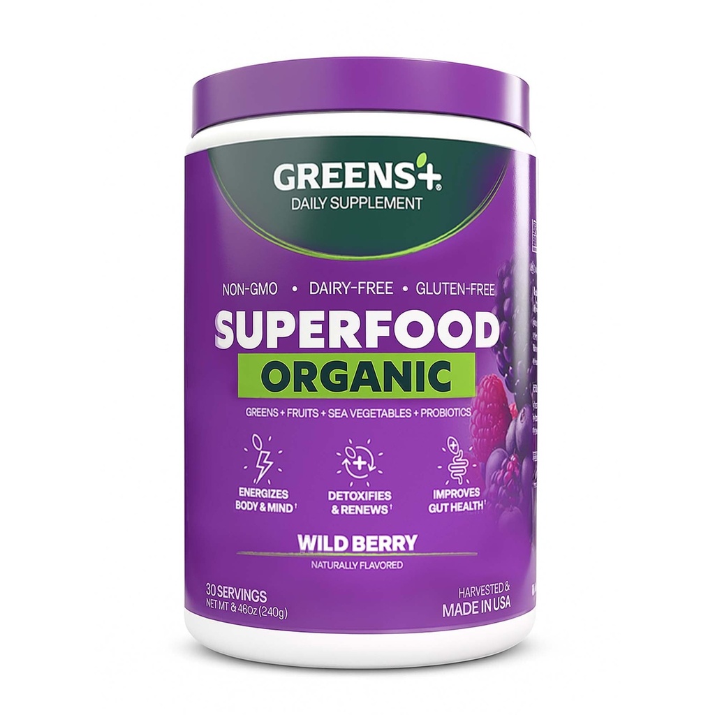 Greens+ Organic Wild Berry Superfood Powder, Antioxidant Polyphenol, Blend for Morning Kick, Energy, Vitality Boost, Nutrizione, Vibrant Health, Integratore alimentare, Vegan Soy/Dairy/Gluten Free(8.46oz)