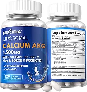 2 Pack Supplément de calcium liposomique AKG 1500mg avec Vitamine D3 & K2 pour les femmes et les hommes, Supplément de calcium avec Magnésium Glycinate, Boron, Probiotiques et Vitamine C pour la force osseuse et l'énergie, 240 Softgels