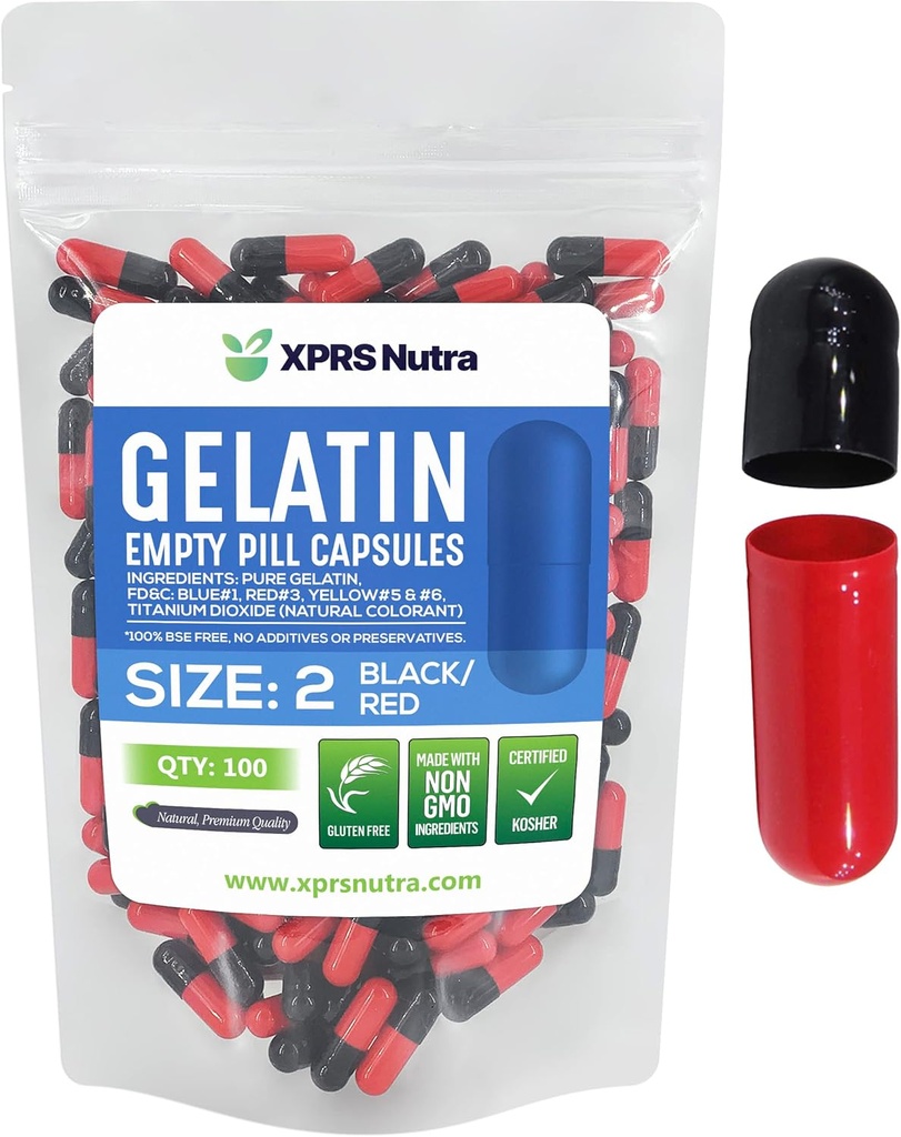 XPRS Nutra Größe 2 Leere Kapseln - 100 Count Leere Gelatine Kapseln - Pillen DIY Kapsel Füllung - Pure Bovine Pill Gel Kapseln für Do-It-Yourself Ergänzungen (schwarz/rot)
