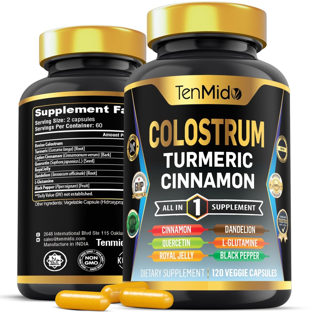 Colostrum Supplement - Formula 8in1 - Combina con Turmeric, Ceylon Cinnamon, Quercetin, Royal Jelly, Dandelion, L- Glutamina e Pepe Nero - Sostegno sanitario digestivo - 120 capsule