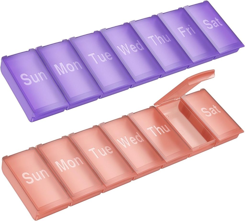 Organisateur hebdomadaire de pilules, 2 packs grand quotidien de pilules vitaminées,portable voyage amical 7 jours contenant des contenants de pilules Porte-médecine, sac à main Camping extérieur Petite coque de pilule pour suppléments Huile de poisson