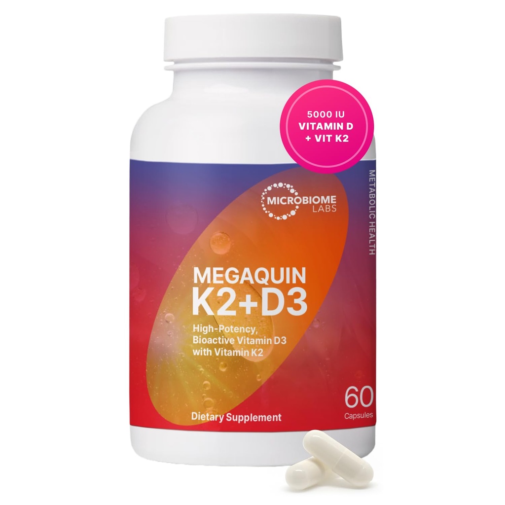 Microbiome Labs MegaQuin D3 + K2 - High Potency Vitamin D3 K2 Supplement - Bioaktiv & Bioverfügbar - Vitamin D3 5000 iu & MK-7 - Unterstützung Knochen, Herz, Nerven & Immune Health (60 Kapseln)