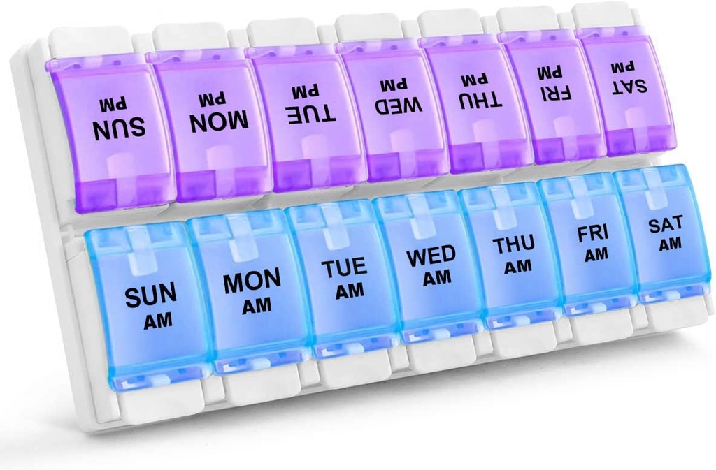 Sukuos AM Weekly 7 Day Pill Organizer, 2 mal ein Tag Pille Box mit Arthritis Freundlicher Push-Button, Medizin Fälle für Vitamin/Fish Oil/Supplements, einfach zu reinigen (Purple&Blue)