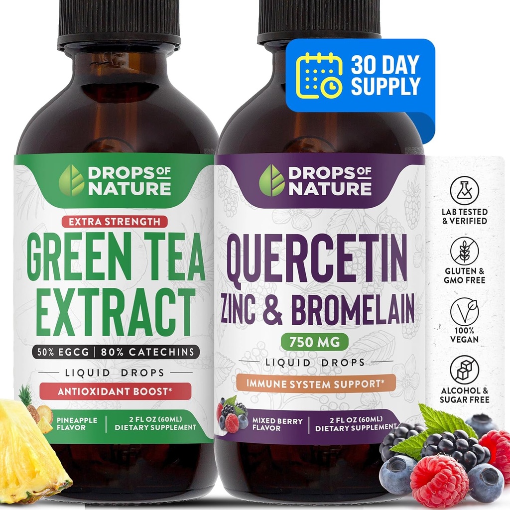 Gocce di natura Quercetin Liquid Drops 750mg | Estratto di tè verde 1000mg | Bundle