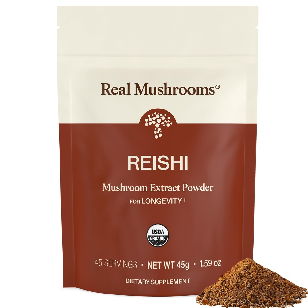 Véritables champignons Reishi Poudre de champignons - Extraits de champignons biologiques cueillis à la main - Reishi rouge pour le bien-être quotidien Tranquil avec bêta-glucanes végan, non-OGM, pas de remplissage de grains, 45 portions