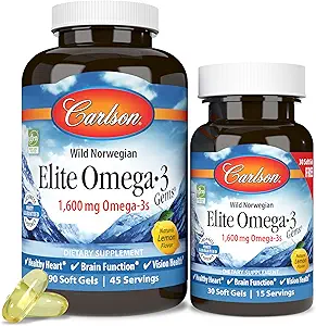 Carlson Elite Omega-3 Gems 1600 mg Omega 3 acidi grassi Compreso EPA & DHA - Norvegese, Wild-Caught Sustainable Sourced Fish Oil Supplement, Omega 3 Fish Oil Capsule Lemon - 90+30 Softgels