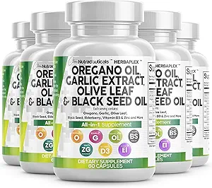 Clean Nutraceuticals Olio di origano Estratto di aglio di oliva Foglia Nera Olio di semi-Supporto immunitario & Integratore di salute digestivo per le donne e gli uomini con vitamina D3 & Zinc - 5Pack