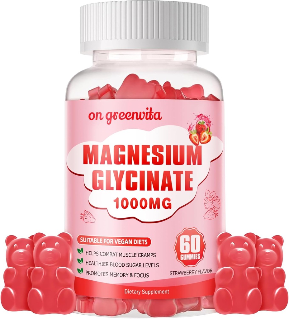 Magnesium Glycinate Gummies 1000mg - Zuckerfreie Magnesium Kalium-Ergänzung mit Vitamin D, B6, CoQ10 für ruhige Stimmung & Schlaf-Unterstützung - 60 Erdbeergummis
