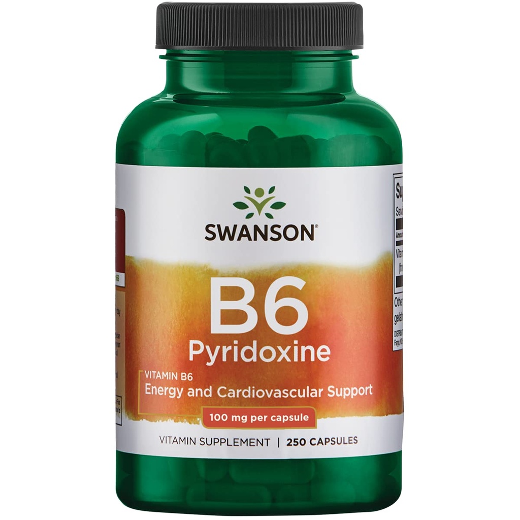 Swanson B6 Pyridoxine - Vitamin-Ergänzung zur Förderung des Herz-Kreislauf-Gesundheits- und Energiemetabolismus - Natürliche Formel Förderung des gesamten Wellness - (250 Kapseln, 100mg Jeder)