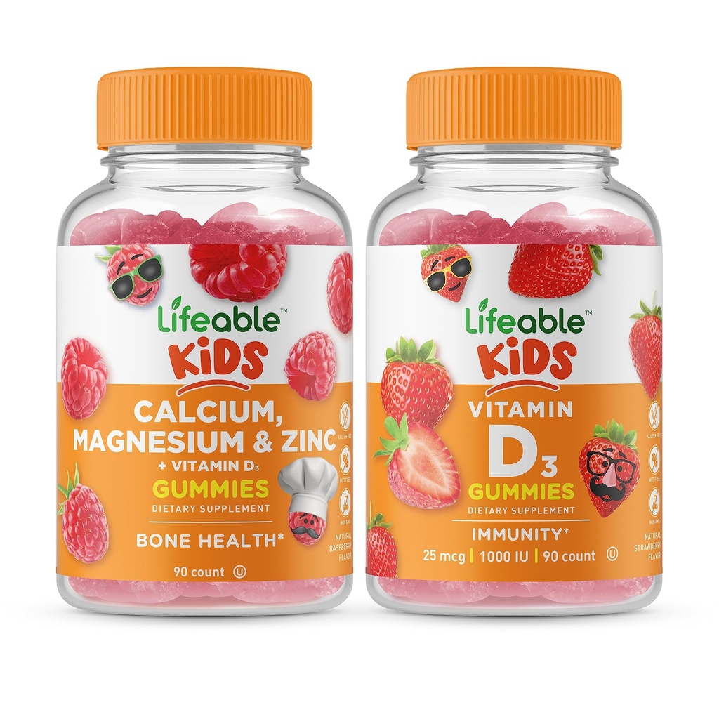 Magnesio di calcio e zinco a vita bambini + vitamina D bambini, Gummies Bundle - Grande degustazione, supplemento di vitamina, senza glutine, OGM libero, pancia masticabile