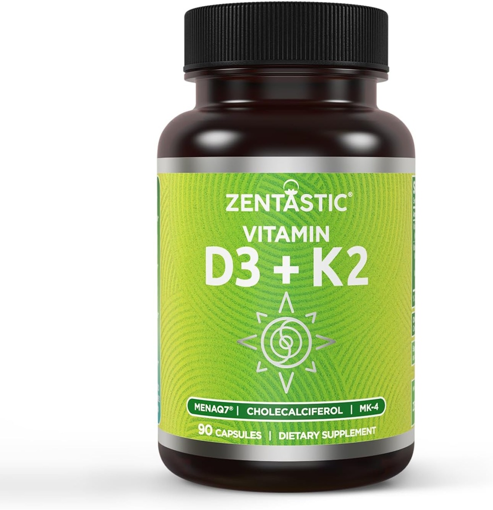 Zentastic Vitamin D3 K2, 5000IU & 200mcg, Vitamin D & Patentiertes MK7 & MK4 für 3-in-1 Complex Support - Vegetarisch, Non-GMO, 90 Caps