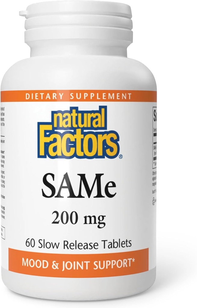 Fattori naturali, SAMe 200 mg, aiuta ad aumentare l'umore e migliorare la salute comune, 60 compresse (60 porzioni)