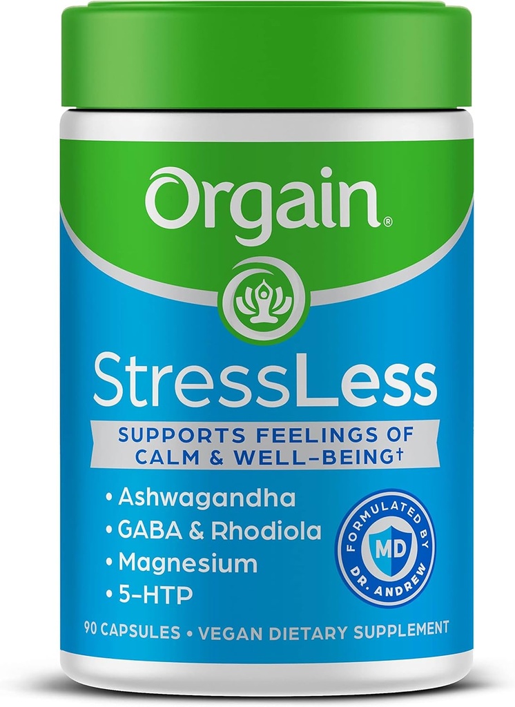 Orgain StressLess, Vegan Stress Relief Supplement - Blend of Magnesium, Lemon Balm, GABA, 5 HTP, Rhodiola Rosea, Ashwagandha e Chamomile, Gluten Free, Doctor Formulated - 90 Count, 30 Day Supply