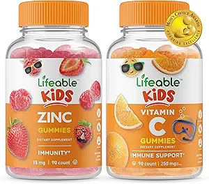 Bambini di zinco vitali + Vitamina C Bambini, Gummies Bundle - Grande degustazione, Supplemento di vitamina, Senza glutine, OGM libero, pancia masticabile