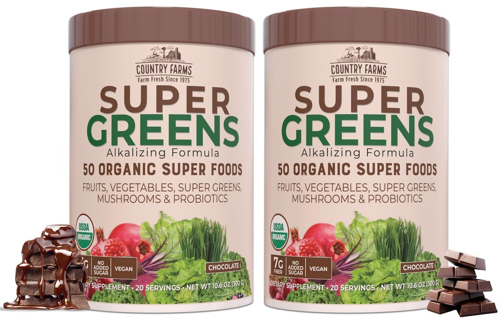 CARACTÉRISTIQUES DE PAYS Super Greens Saveur de chocolat, 50 Super aliments biologiques, USDA Mélange de boisson biologique, Fruits, Légumes, Super Greens, Champignons et Probiotiques, Supporte l'énergie, 40 portions, 10,6 Oz, 2 Pack
