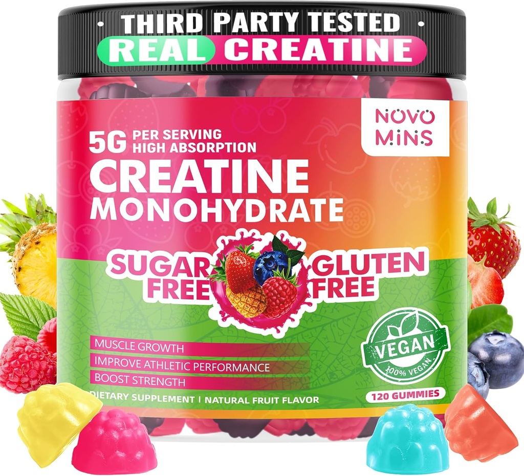 novomins Creatine Monohydrate Gummie 5000mg für Männer & Frauen, Kaukasus Creatine Monohydrate für Muskelkraft, Muskelaufbau, Energieschub, Pre-Workout-Ergänzung (120 Zähler)
