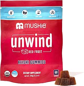 Mushie 100% Bio Reishi Gommies de Champignon - 2000mg Reishi Nootropic pour la relaxation, le sommeil, la santé cardiovasculaire et immunitaire avec vitamine D - Vegan, sans gluten - 60 Compte