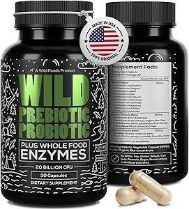 Wilde Präbiotika und Probiotika mit Verdauungsenzymen | 20 Billion CFU - 10 Strains für Frauen und Männer | Unterstützung Gut Gesundheit & Verdauungsergänzungsmittel | Non-GMO Prebiotic Fiber | 30 Count (Pack von 2)