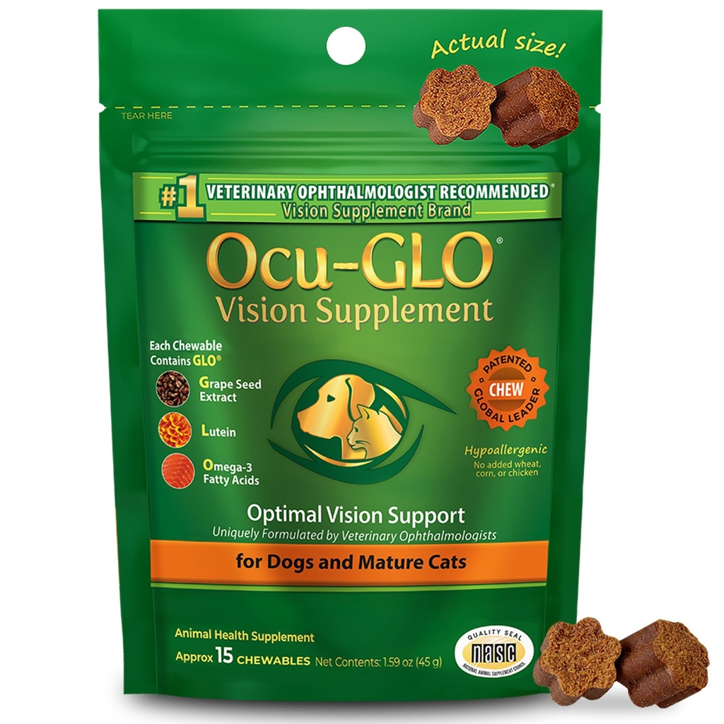 Ocu-GLO Cat & Dog Senior Supplement für Augenunterstützung - Chewable Vision Vitamins Ergänzungen für große und kleine Tiere Pflege mit Lutein, Omega-3 Fettsäuren, Getreide Stuhlextrakt & Antioxidantien