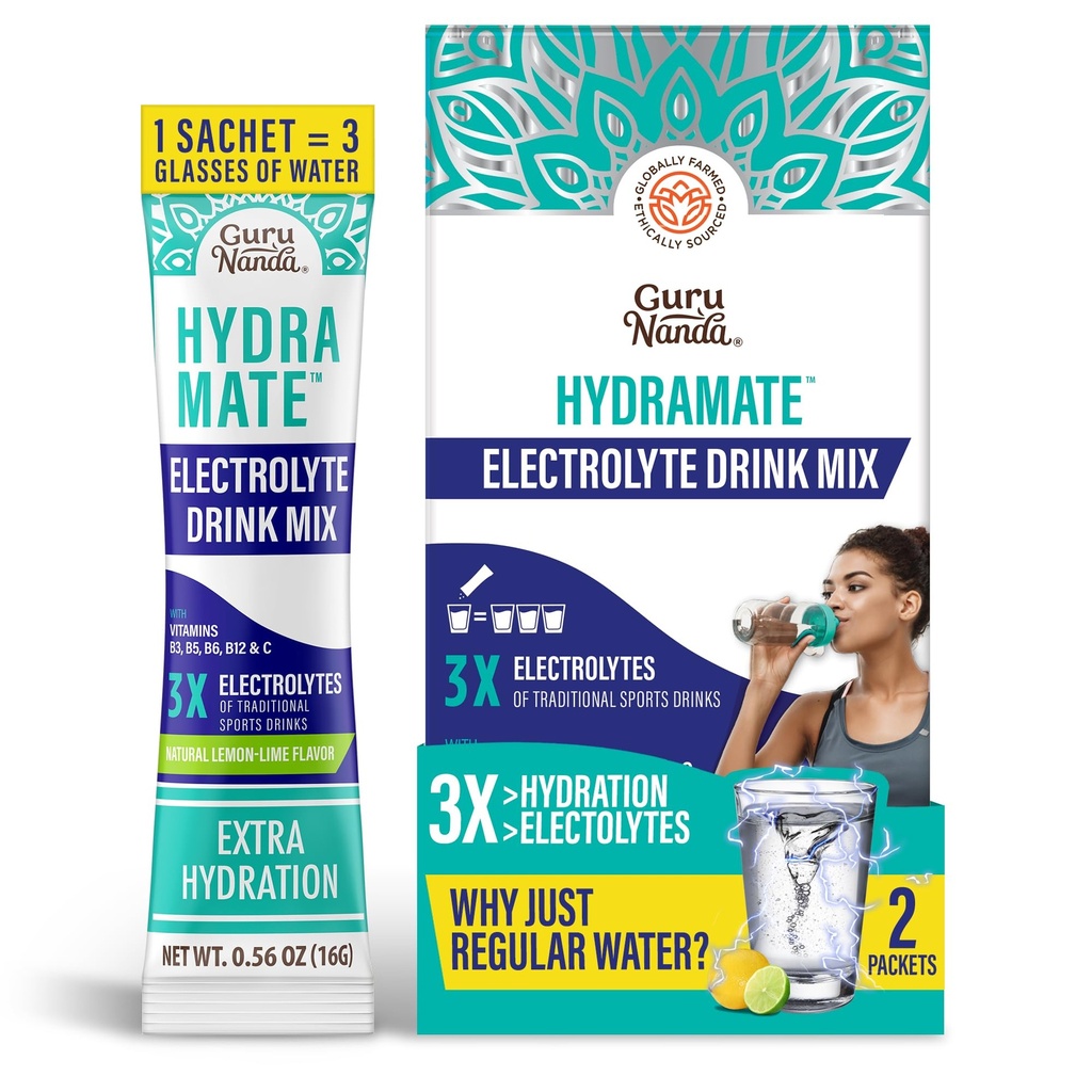 GuruNanda Hydramate Hydration Support Drink Mix - Elektrolyt-Pulver-Packets für Dehydratation, Übung & Energie - keine hinzugefügt Süßungsmittel, Non-GMO, natürliche Zitronen-Limous Flavor - 2 Zähler (0.56 oz Jeder)