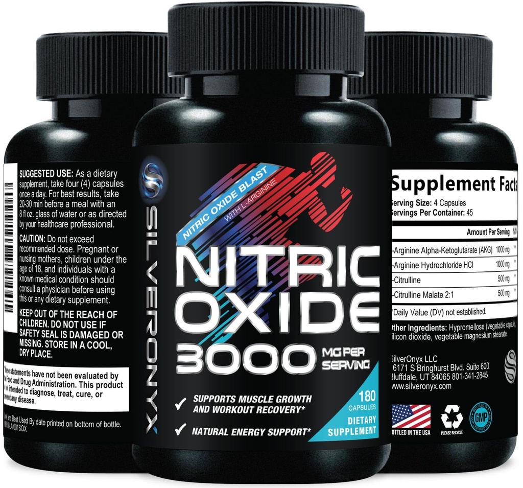 Extra Strength Supplément à oxyde nitrique 3X Strength L Arginine, Citrulline Malate, AAKG, Beta Alanine - Booster nitrique de soutien musculaire Premium - Énergie naturelle et soutien de la santé cardiaque - 180 capsules