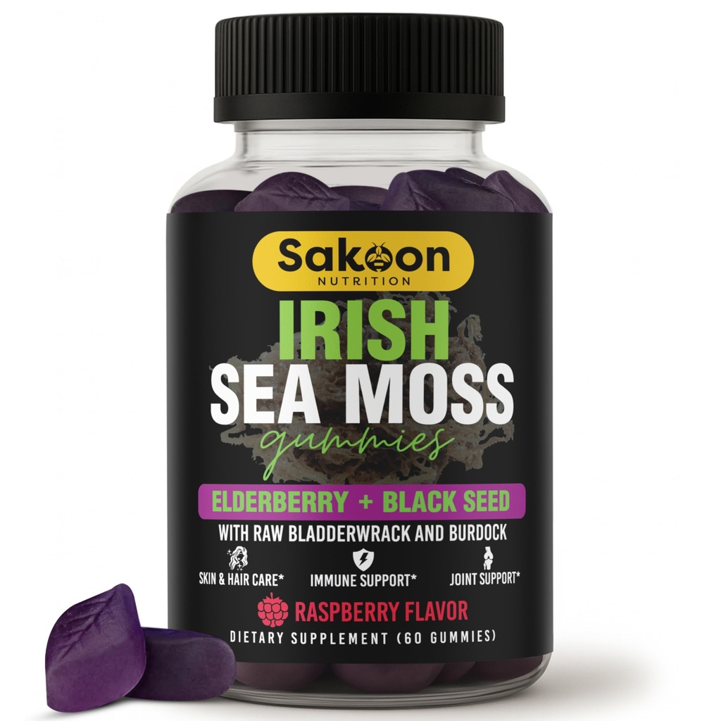 Irish Sea Moss Gummis mit Elderberry & Black Seed Oil - Gesamte Wellness-Unterstützung | Reich an Vitaminen, Raspberry Flavor | 60 Gummis