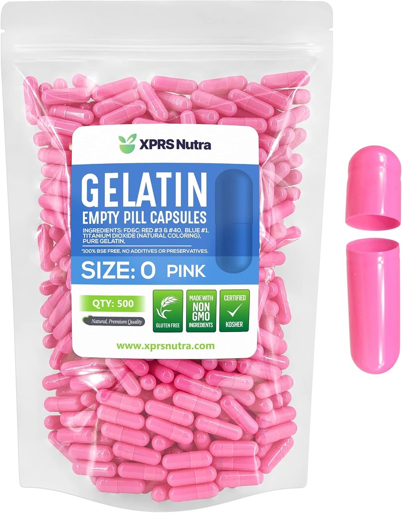 XPRS Nutra Size 0 Capsule Vuote - 500 Conte Empty Gelatin Capsule - Pillole per DIY Capsule Filling - Pure Bovine Pill Gel Caps per Do-It-Yourself Supplements (Pink)