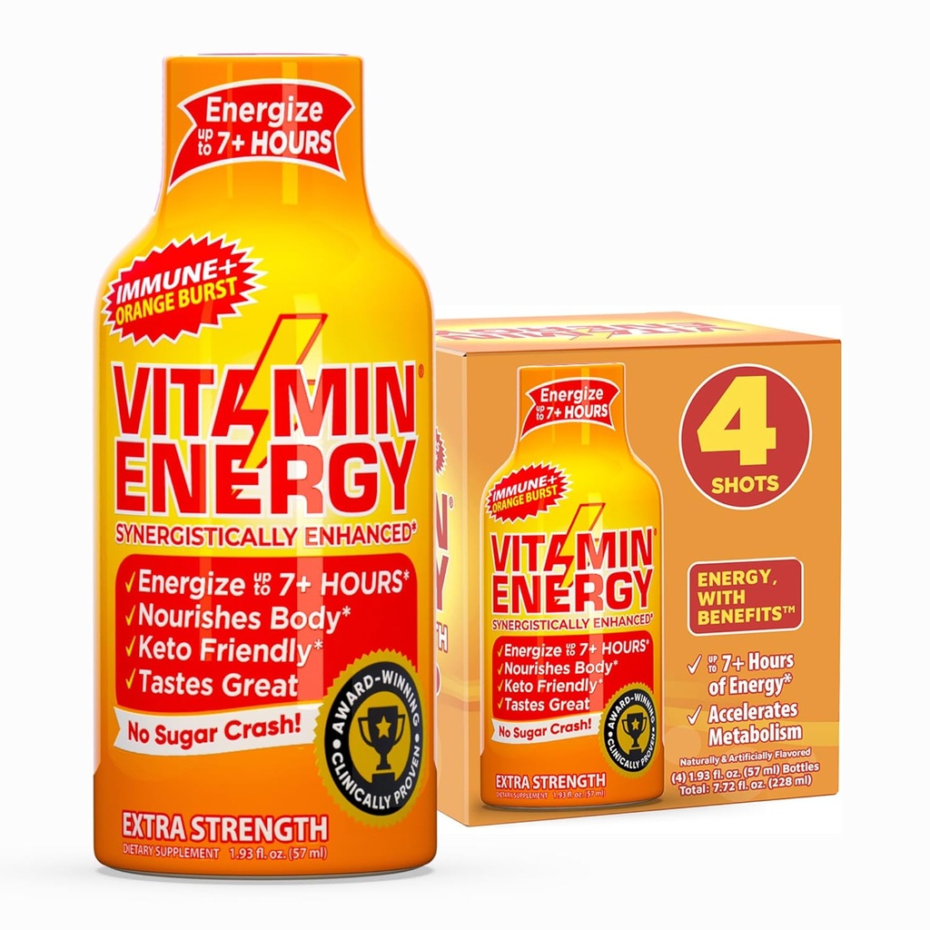 Vitamin Energy Immune+ Extra Strength Energy Shot – Orange Burst – 100% DV B-Vitamins & 260mg Caffeine – Zero Calories, Sugar-Free, Vegan, – Immunity & Energy Support – 1.93 fl oz, 4-Pack