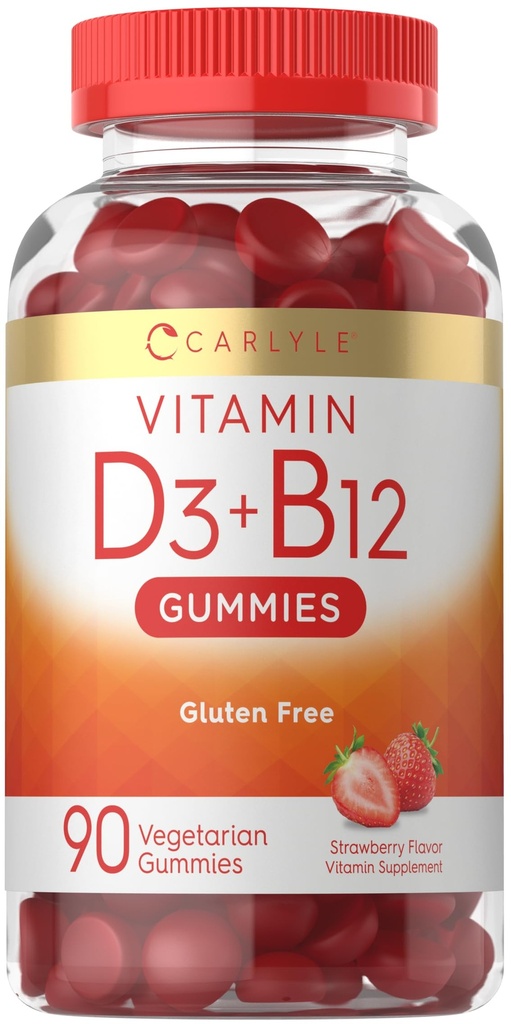 Carlyle Vitamin D3 + B12 Complex Gummies | 90 Count | Vegetariano, Non OGM e Gluten Formula gratuita | Strawberry Flavor Supplement